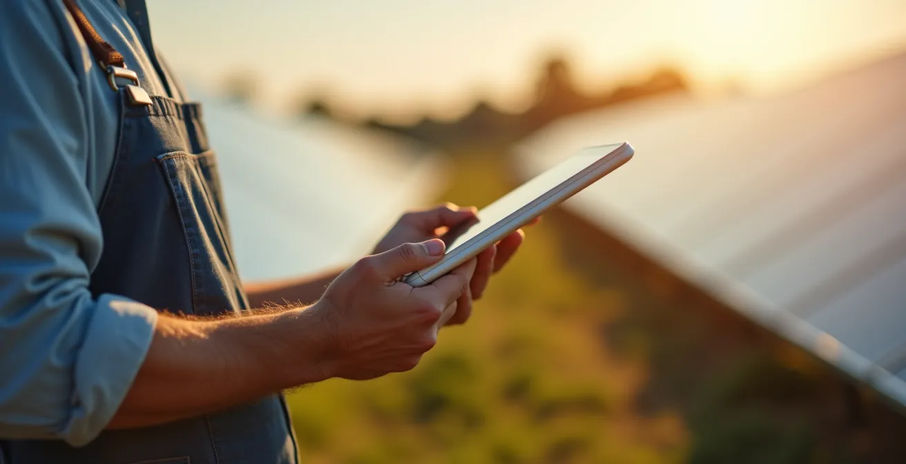 Agriculteur analysant des données de production sur tablette dans sa ferme solaire