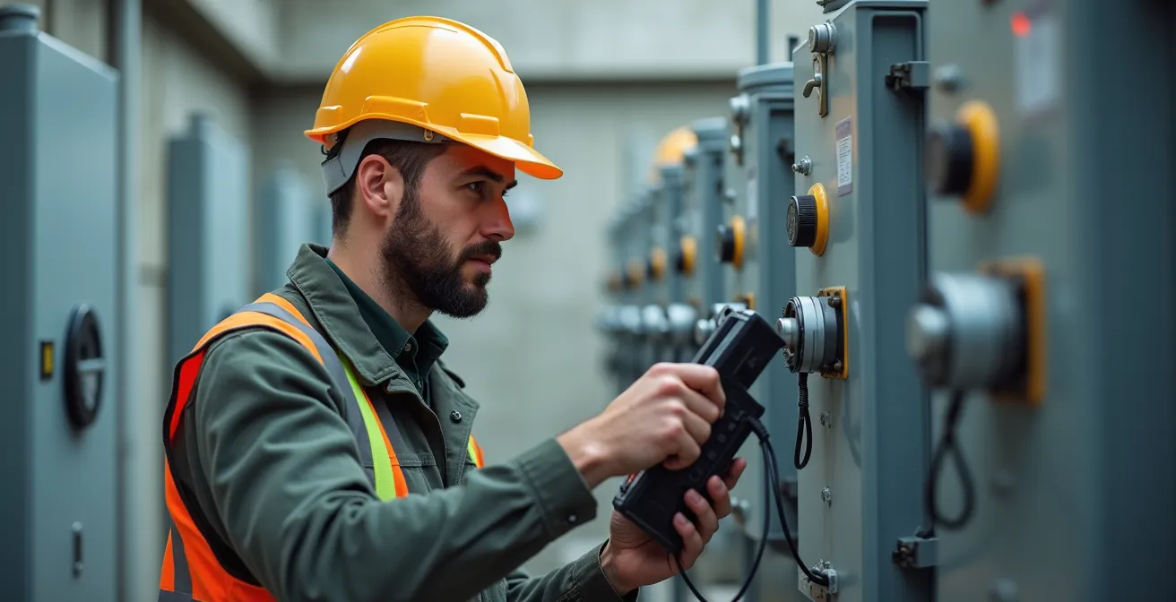 Technicien inspectant un poste de transformation électrique avec lignes de distribution