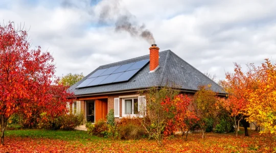 Maison française avec panneaux photovoltaïques et cheminée fumante en automne