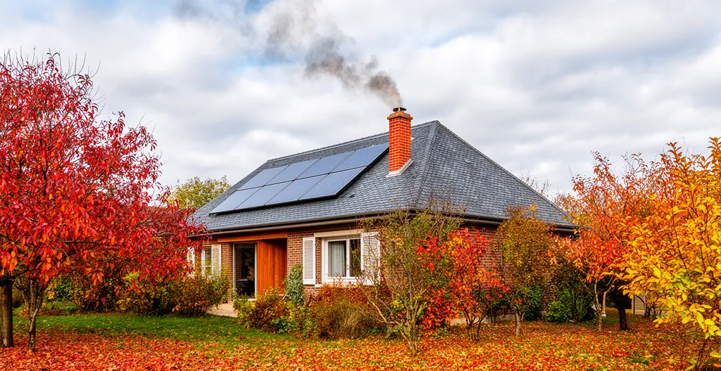 Maison française avec panneaux photovoltaïques et cheminée fumante en automne