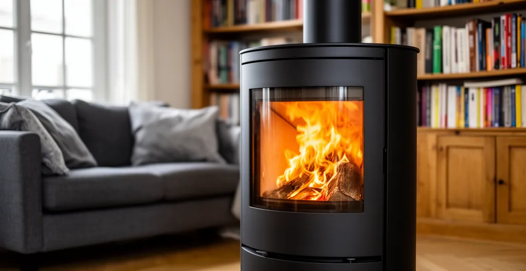 Poêle à bois allumé dans un salon français avec lumière naturelle