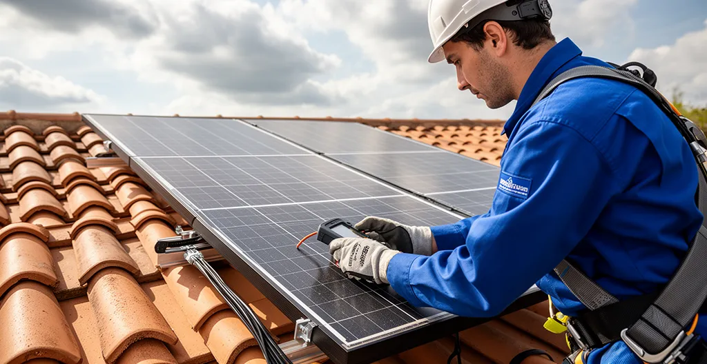 Technicien RGE inspectant une installation photovoltaïque sur toiture française